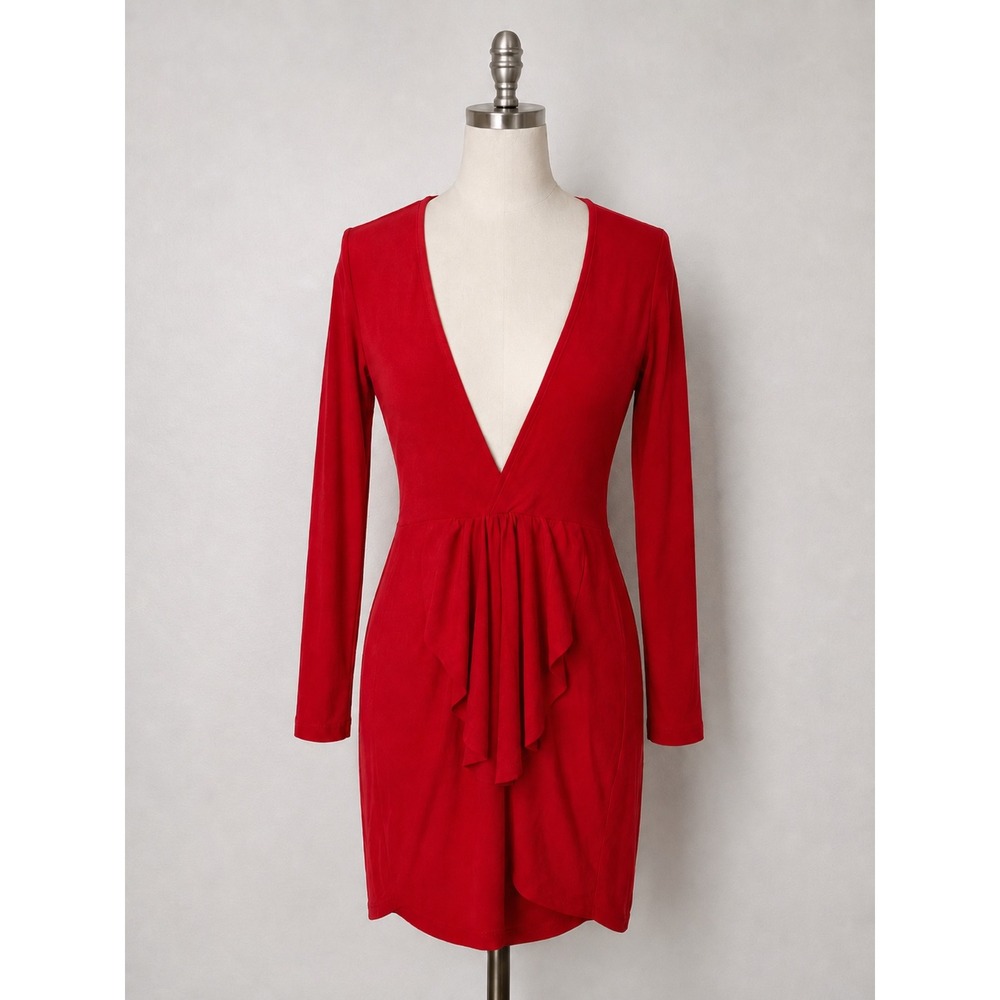 Red Deep V-Neck Open Back Ruffle Front Long Sleeve Bodycon Mini Dress Womens